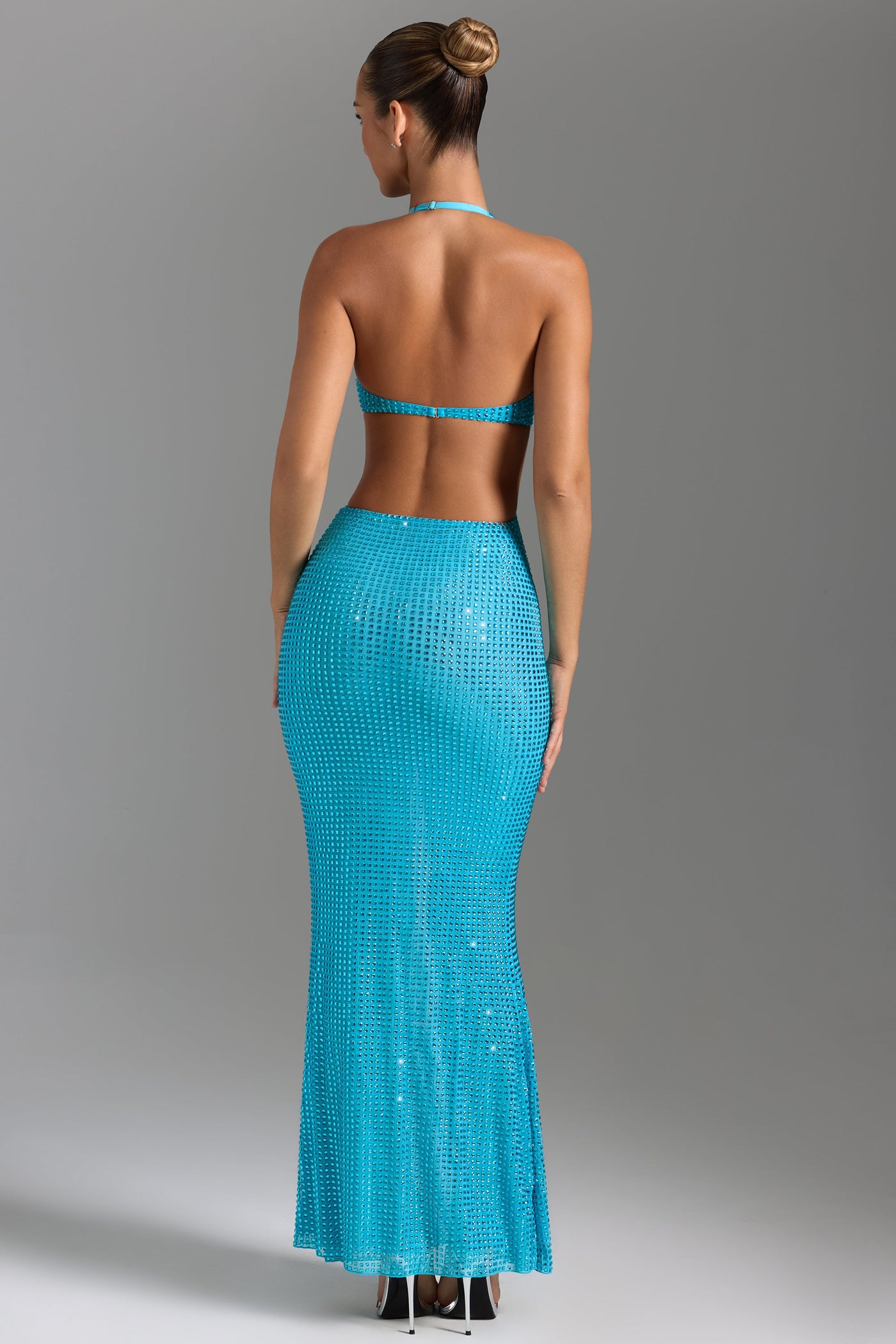 Embellished Cut-Out Halterneck Maxi Dress in Aqua Blue