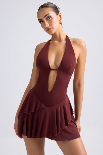 Ruffled Cut-Out Halterneck Mini Dress in Chestnut Brown