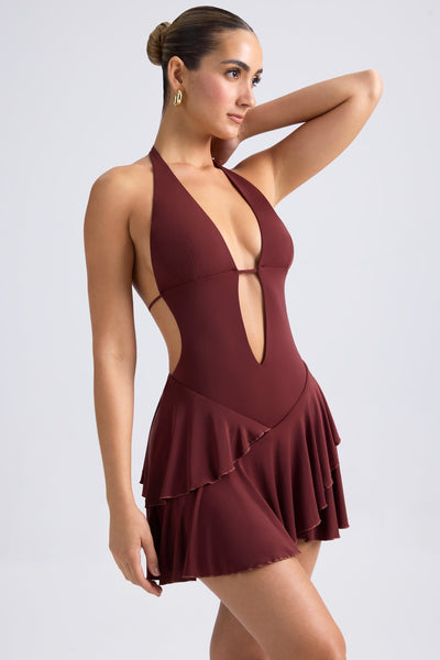 Ruffled Cut-Out Halterneck Mini Dress in Chestnut Brown