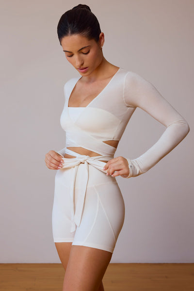 Long-Sleeve Wrap Crop Top in Soft White