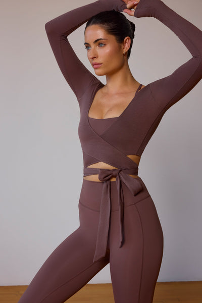 Long-Sleeve Wrap Crop Top in Taupe Brown