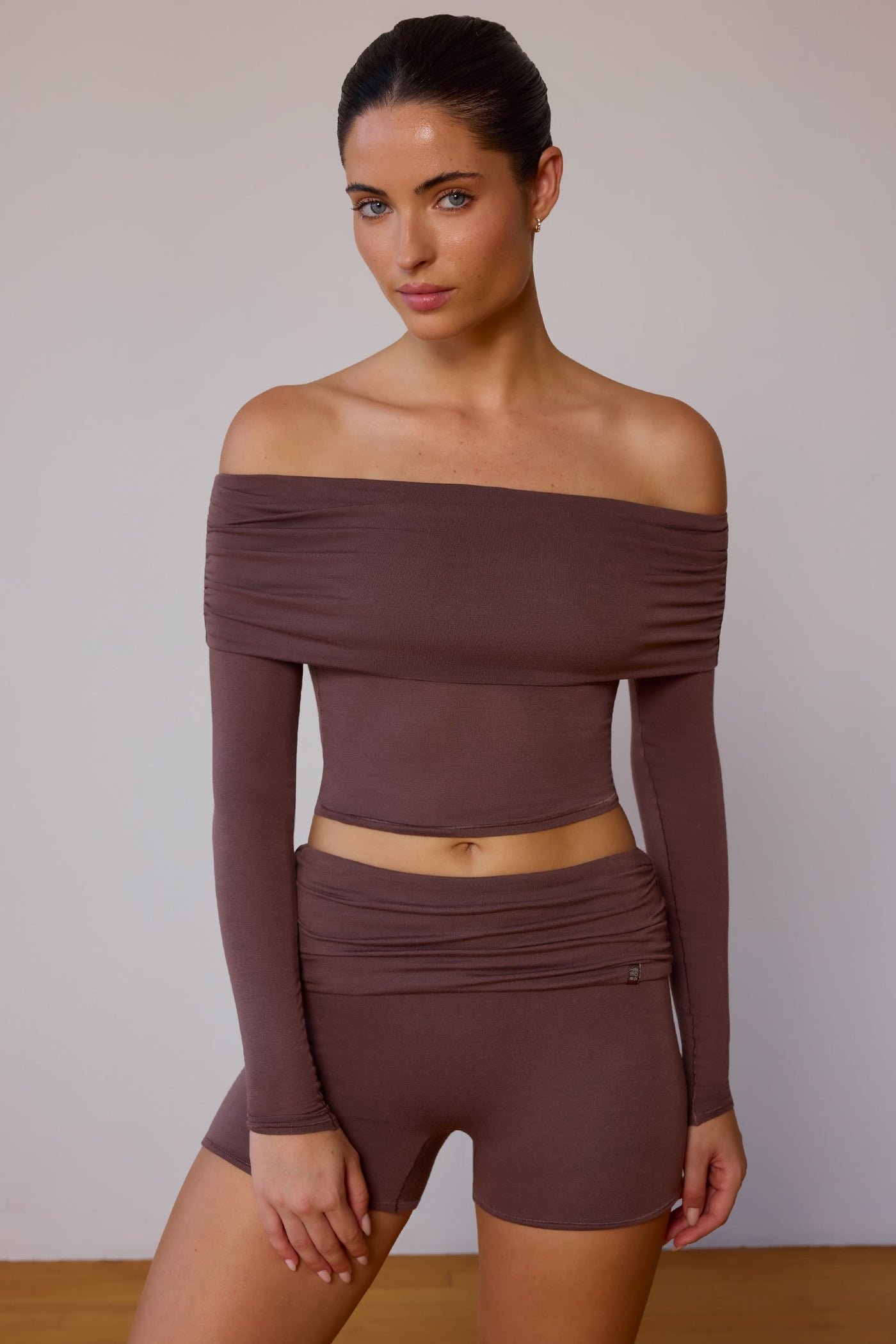 Sheer Off-Shoulder Long-Sleeve Top in Taupe Brown