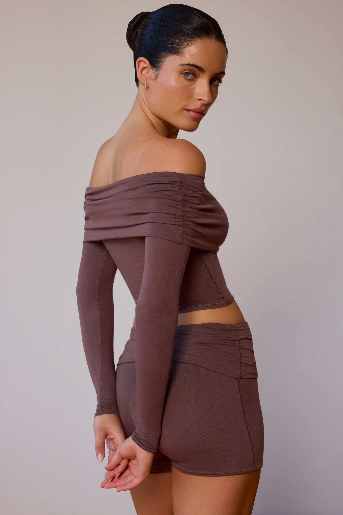 Sheer Off-Shoulder Long-Sleeve Top in Taupe Brown