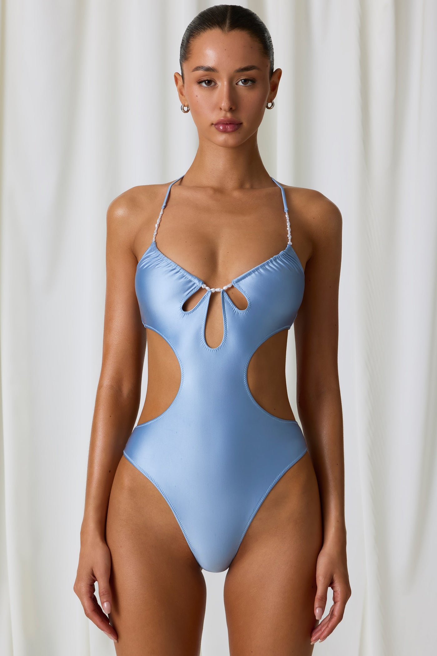 Pearl-Detail Cut-Out Halterneck Swimsuit in Sky Blue