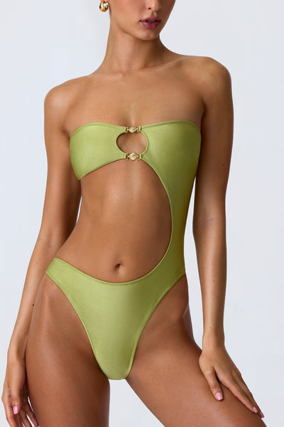 Embellished Cut-Out Bandeau Swimsuit in Pear Green