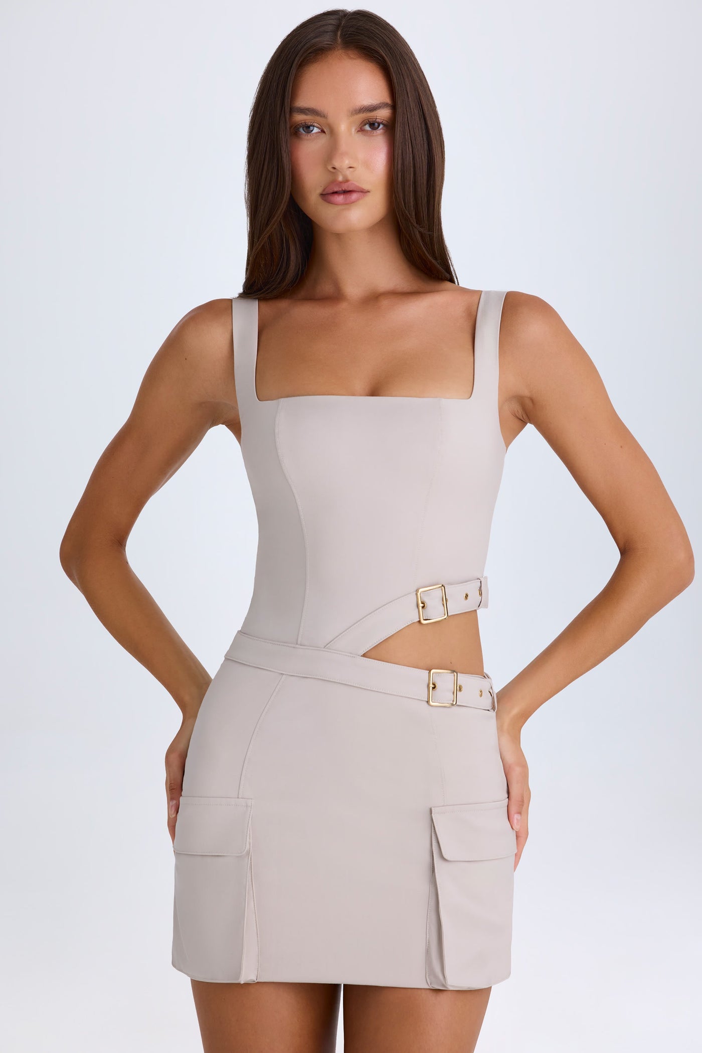 Belted Cut-Out Mini Dress in Taupe