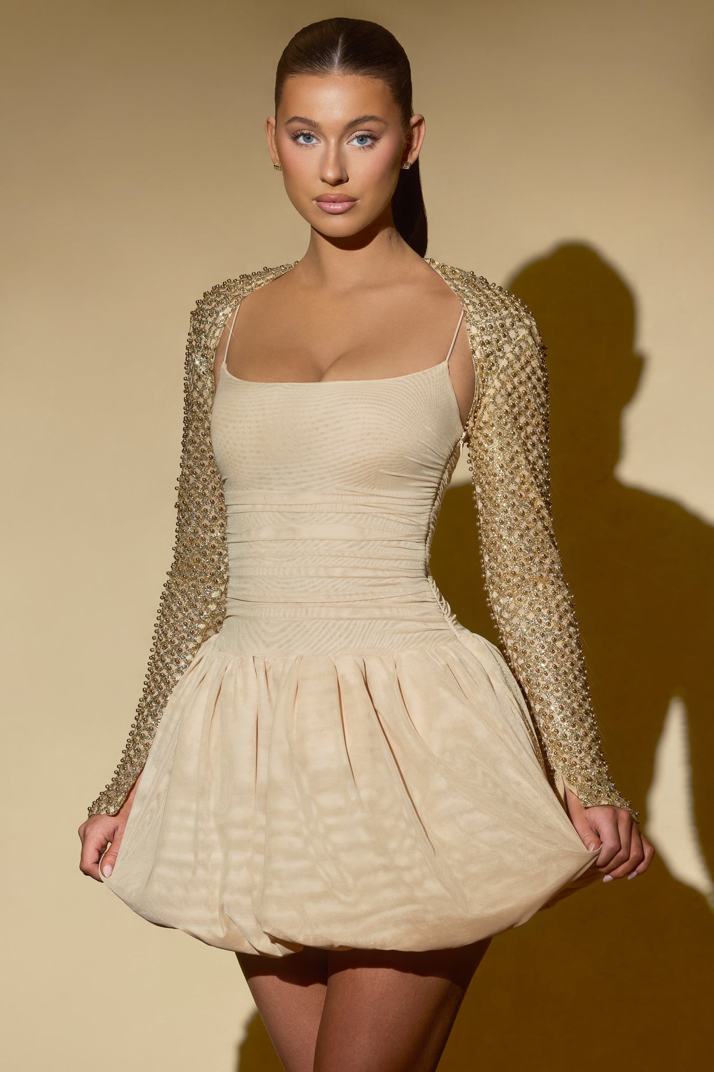 Embellished Bubble Hem Mini Dress in Gold