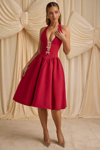 Halterneck Bow-Detail Midi Dress in True Red