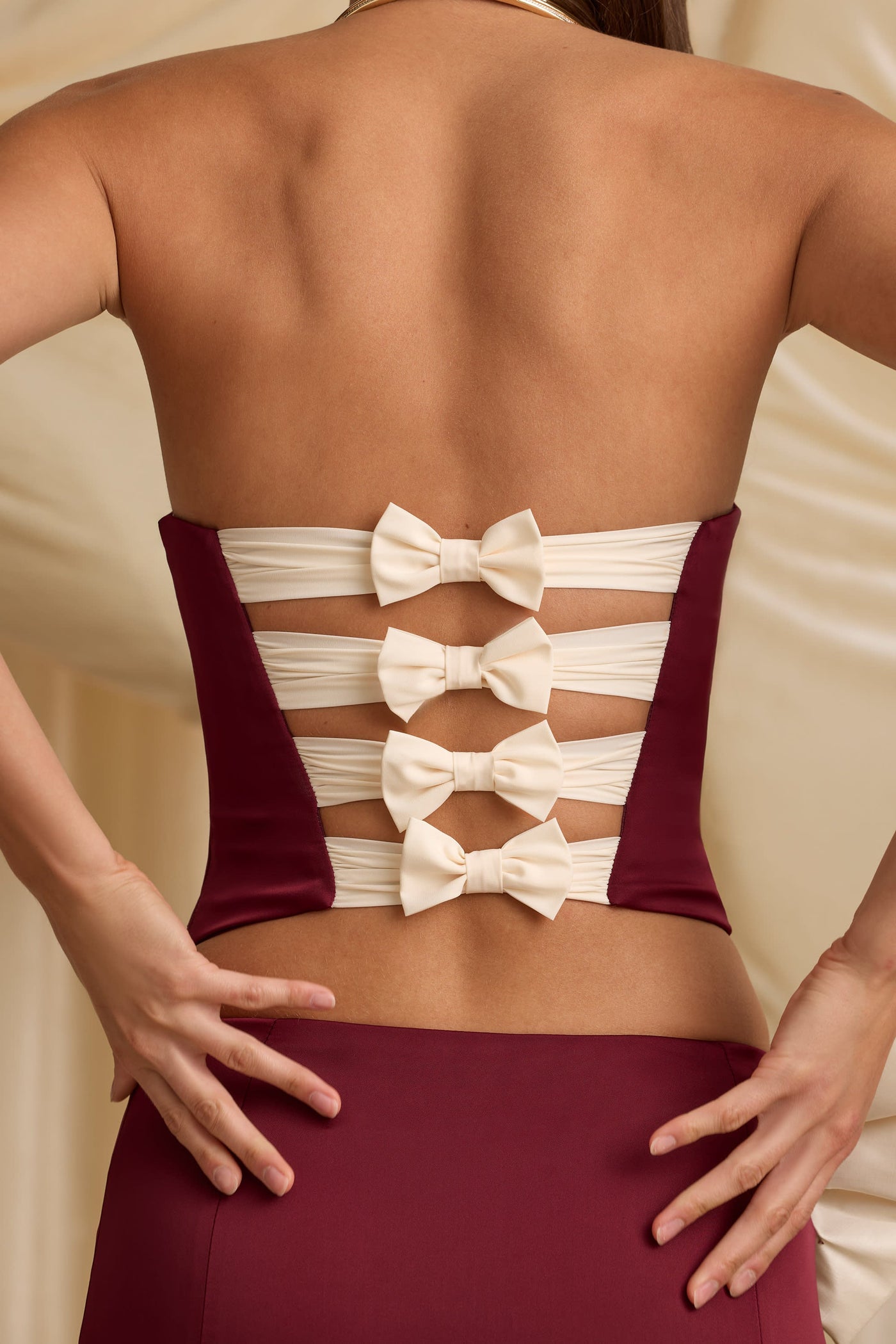 Cut-Out Bow-Detail Corset Top in Wine Red