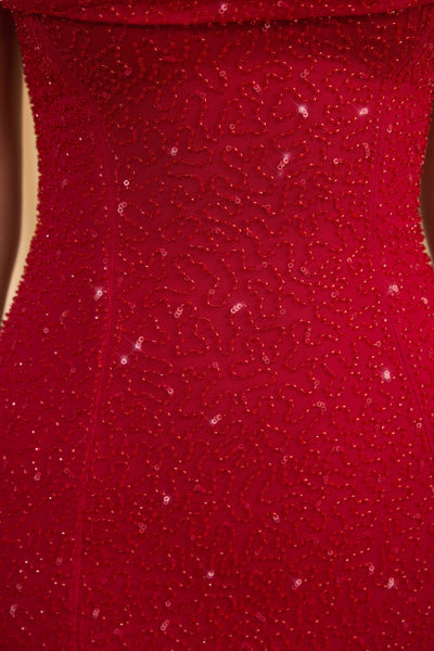 Embellished Strapless Cowl-Neck Mini Dress in True Red