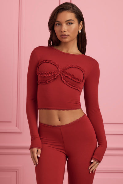 Lace-Trim Appliqué Pyjama Top in Ruby Red