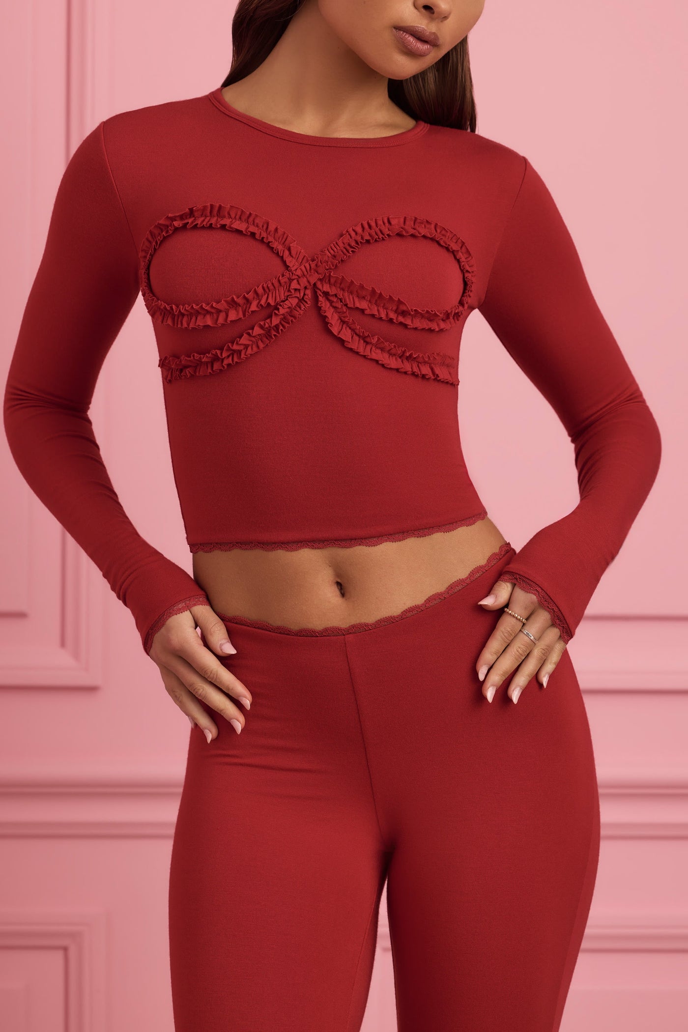 Lace-Trim Appliqué Pyjama Top in Ruby Red