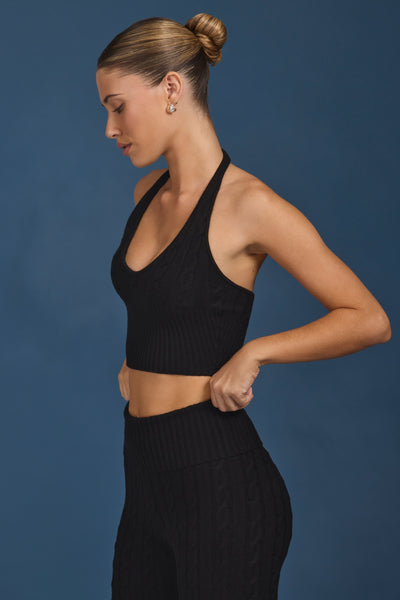 Cable-Knit Halterneck Crop Top in Black