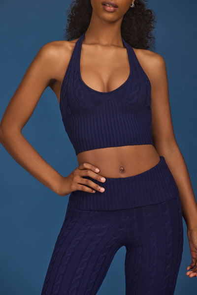 Cable-Knit Halterneck Crop Top in Navy