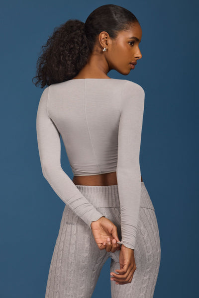 Ruched Long-Sleeve Crop Top in Grey