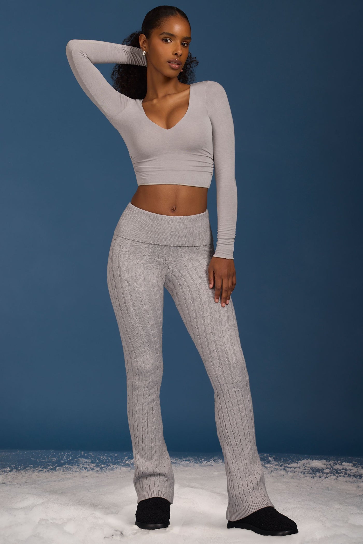 Ruched Long-Sleeve Crop Top in Grey