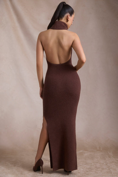 Ribbed-Knit Turtleneck Backless Maxi Dress in Espresso