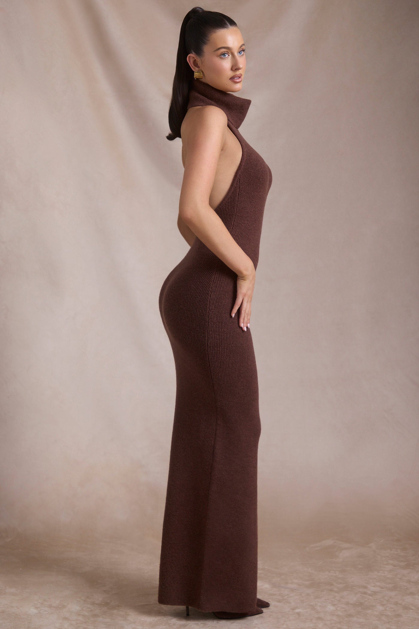 Ribbed-Knit Turtleneck Backless Maxi Dress in Espresso