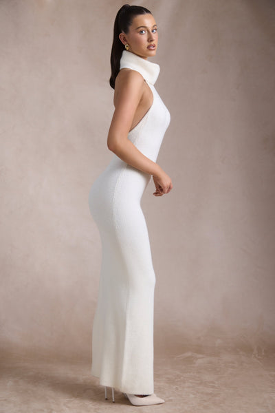 Ribbed-Knit Turtleneck Backless Maxi Dress in Ivory