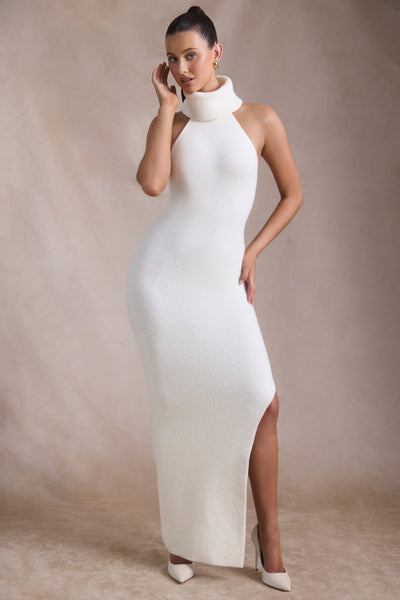 Ribbed-Knit Turtleneck Backless Maxi Dress in Ivory