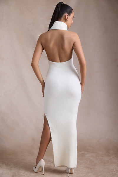 Ribbed-Knit Turtleneck Backless Maxi Dress in Ivory