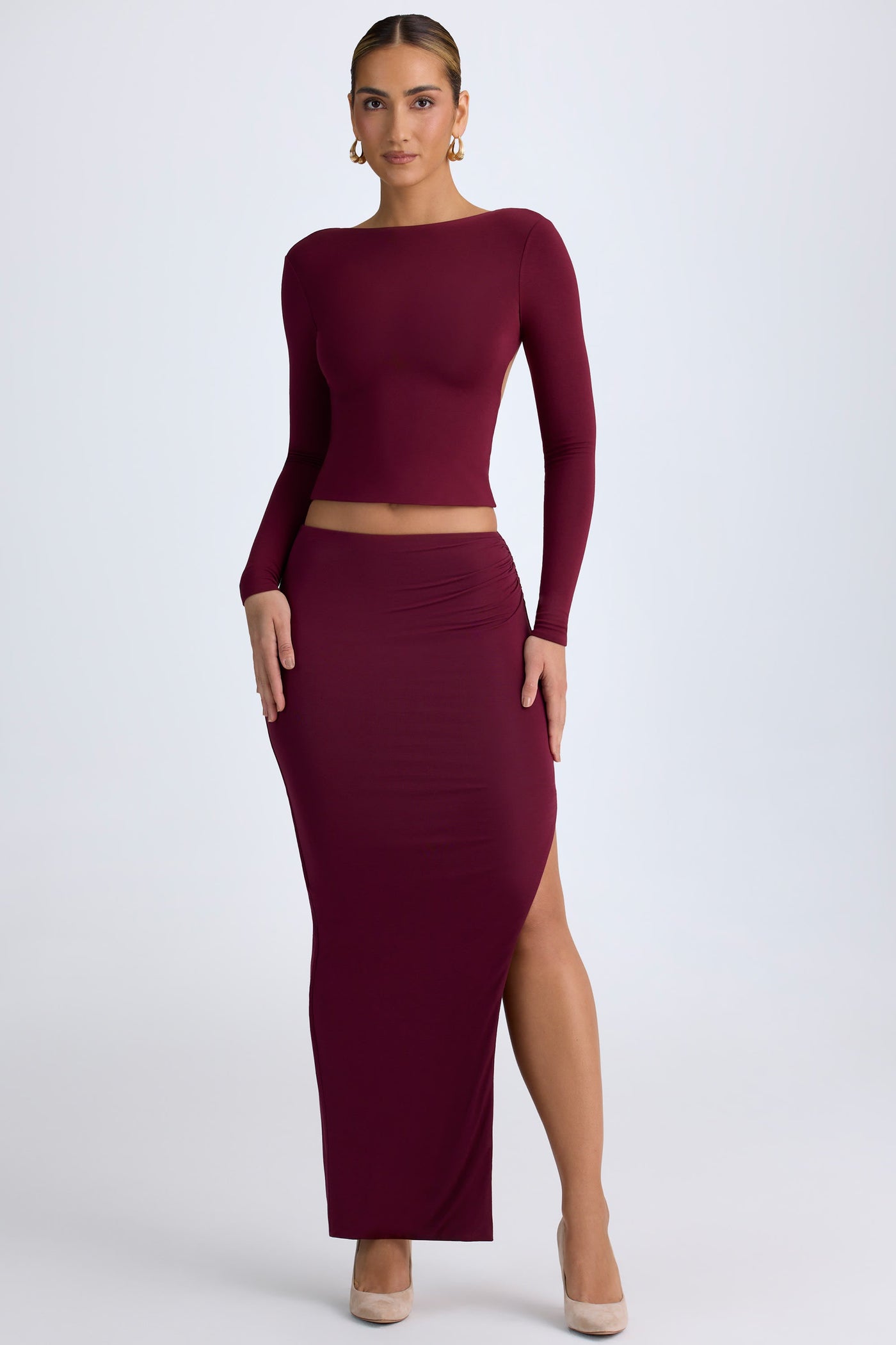 Modal Low-Rise Maxi Skirt in Wine Red