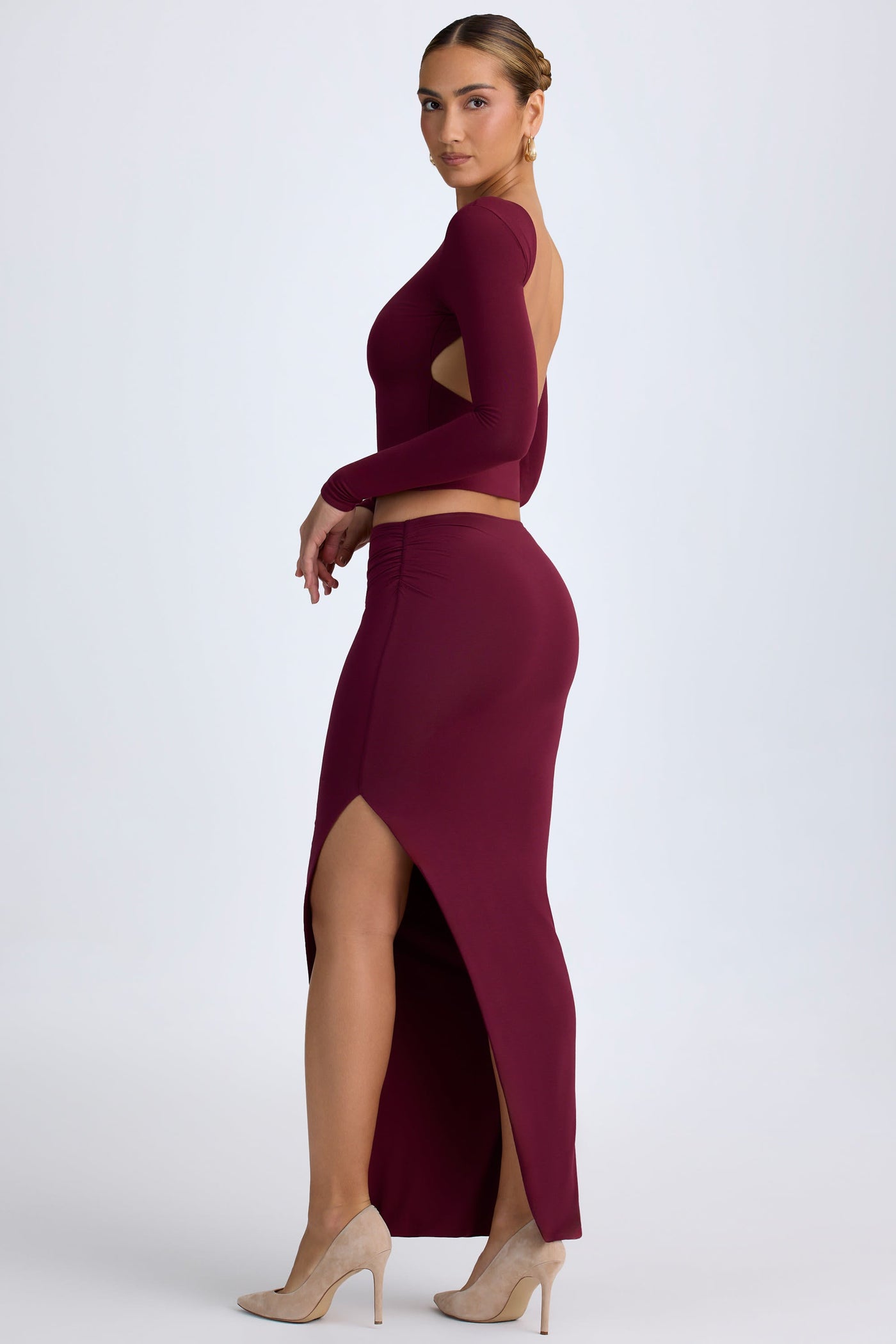 Modal Low-Rise Maxi Skirt in Wine Red