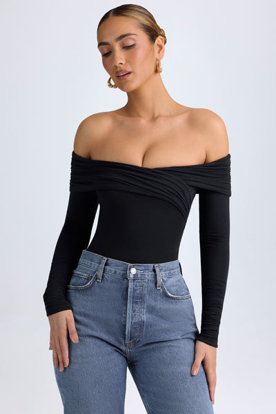 Modal Off-Shoulder Ruched Bodysuit in Black