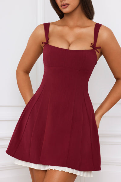 Bow-Detail Pleated A-Line Mini Dress in Berry Red