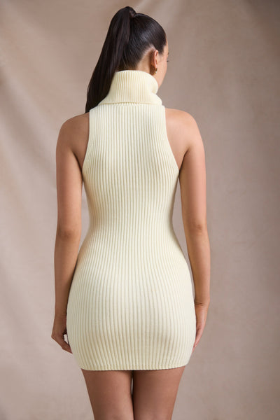 Ribbed-Knit Turtleneck Mini Dress in Butter Yellow