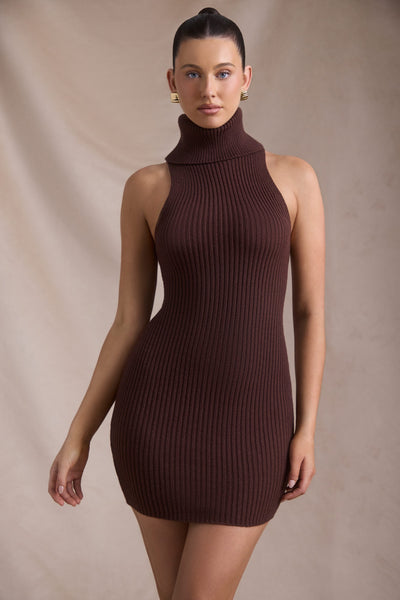 Ribbed-Knit Turtleneck Mini Dress in Espresso