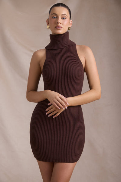 Ribbed-Knit Turtleneck Mini Dress in Espresso