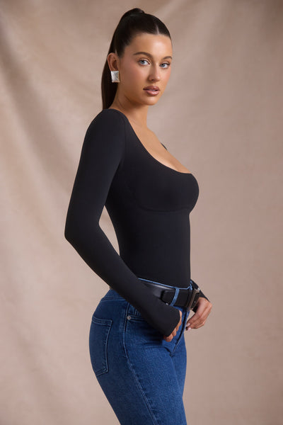 Seamless Long-Sleeve Bodysuit in Black