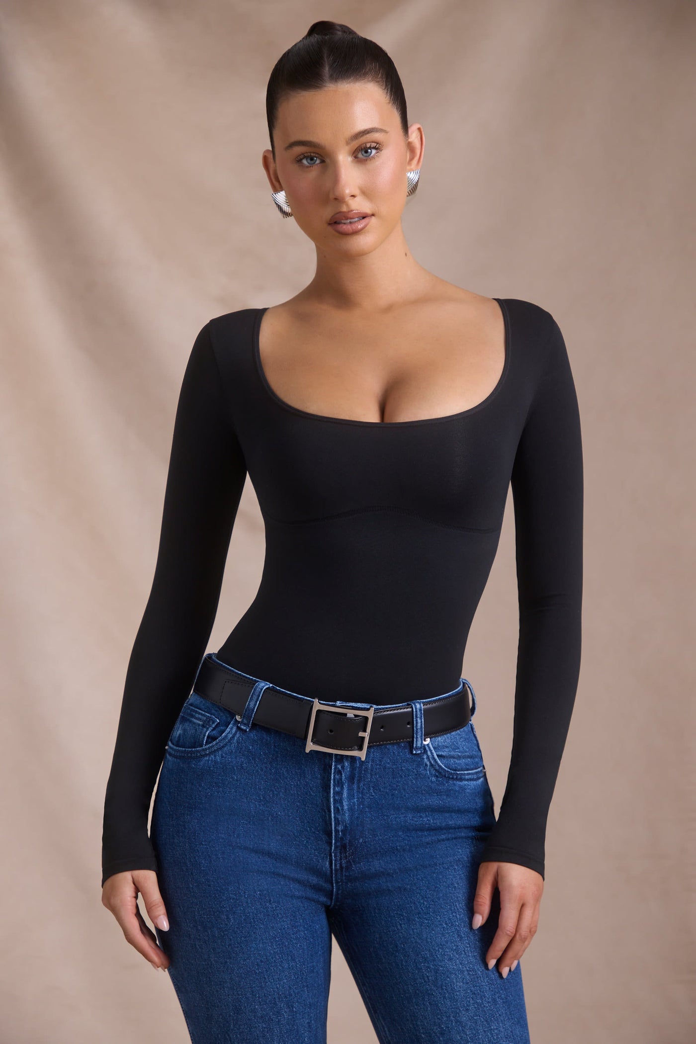 Seamless Long-Sleeve Bodysuit in Black