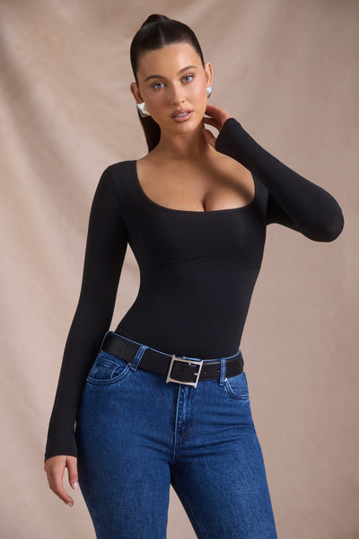 Seamless Long-Sleeve Bodysuit in Black