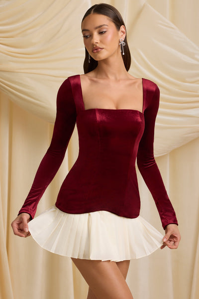 Layered Pleated Corset Mini Dress in Wine Red