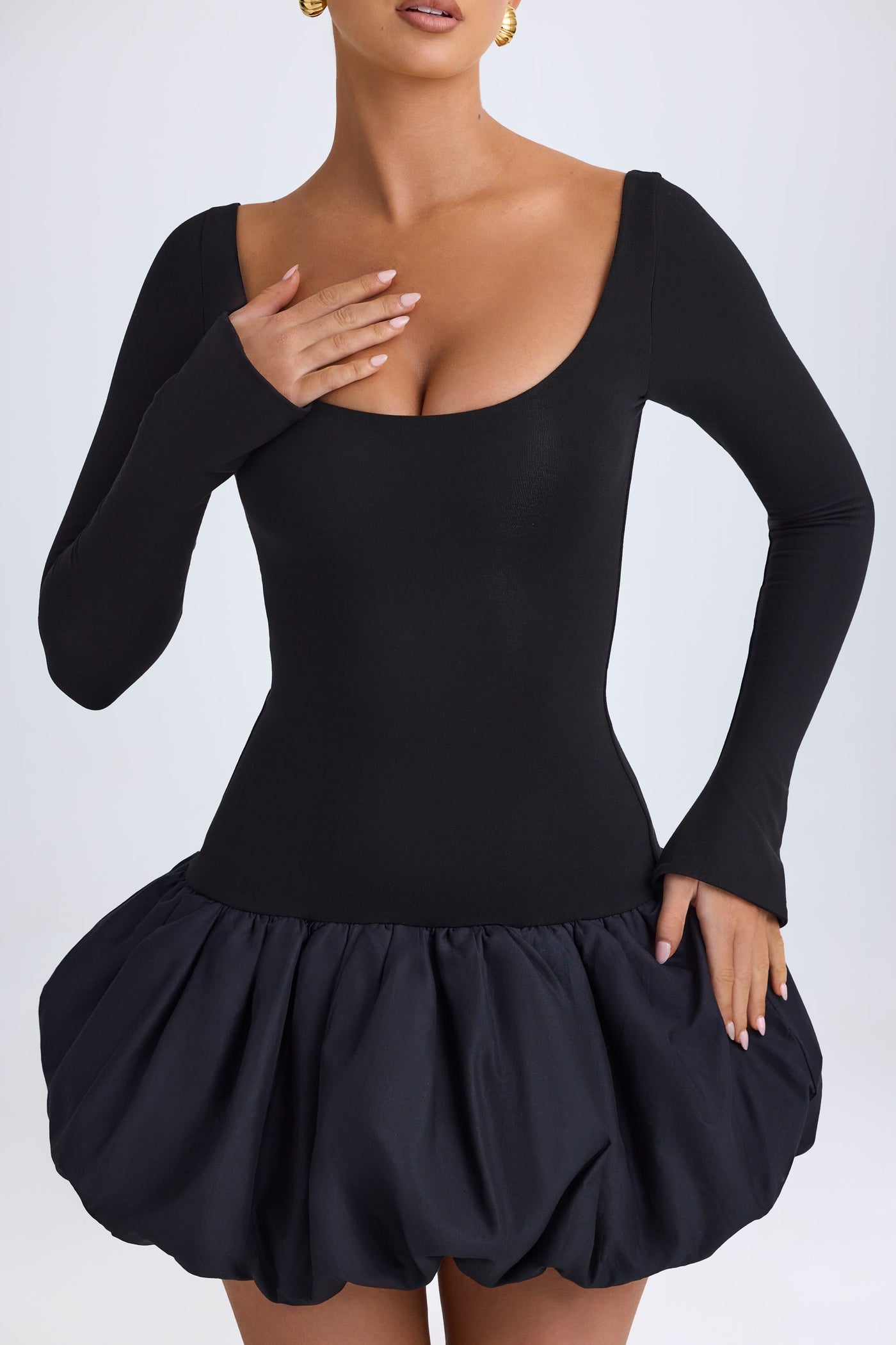 Scoop-Neck Drop-Waist Bubble Hem Mini Dress in Black