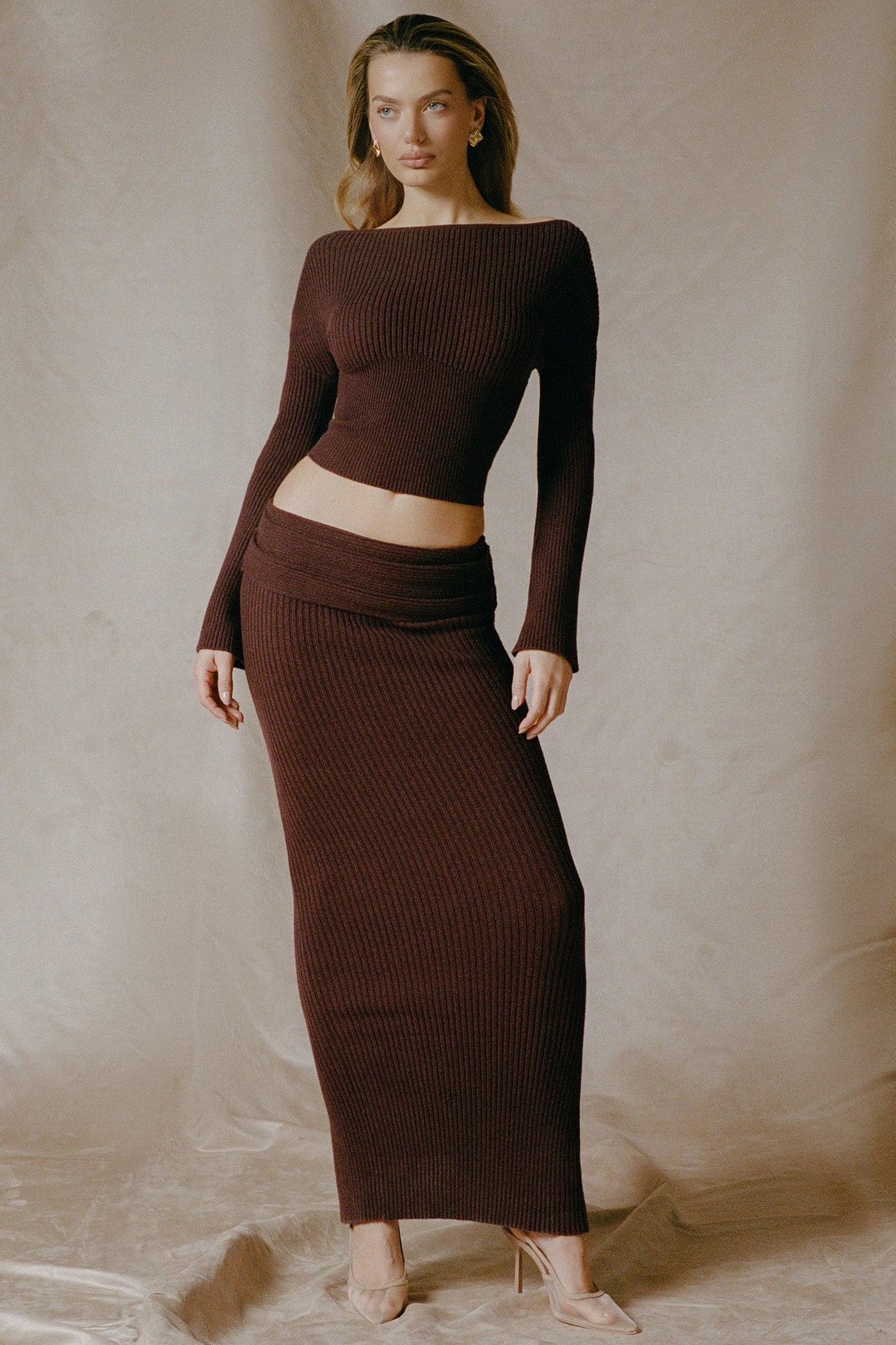 Ribbed-Knit Foldover Maxi Skirt in Espresso