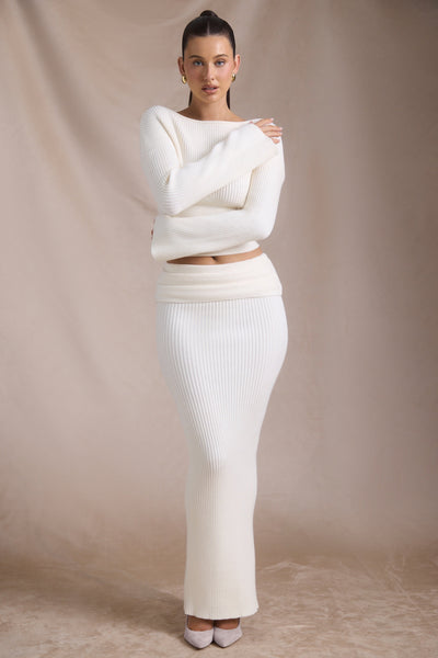 Ribbed-Knit Foldover Maxi Skirt in Ivory