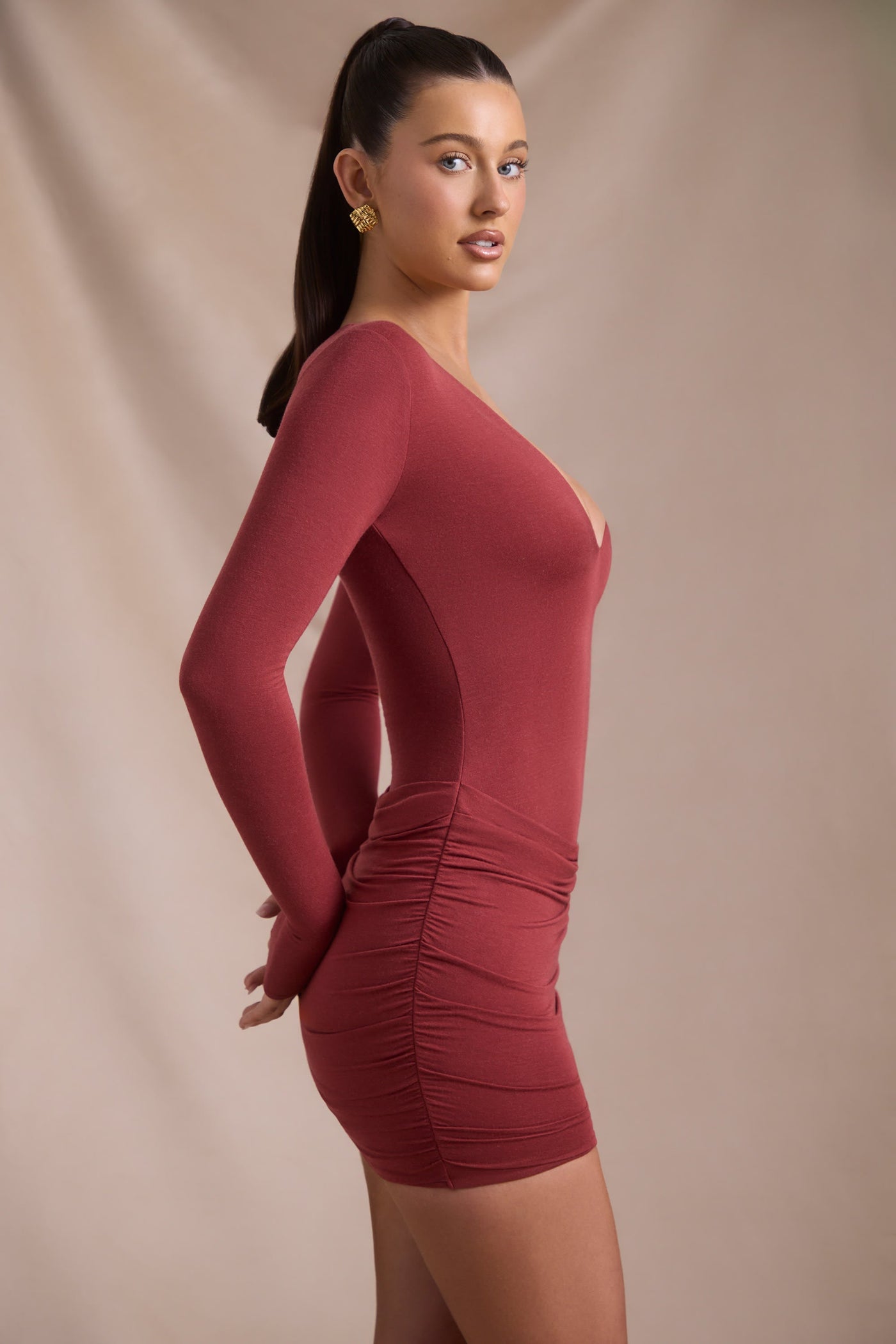 Modal-Cashmere Blend Draped Long-Sleeve Mini Dress in Brick Red