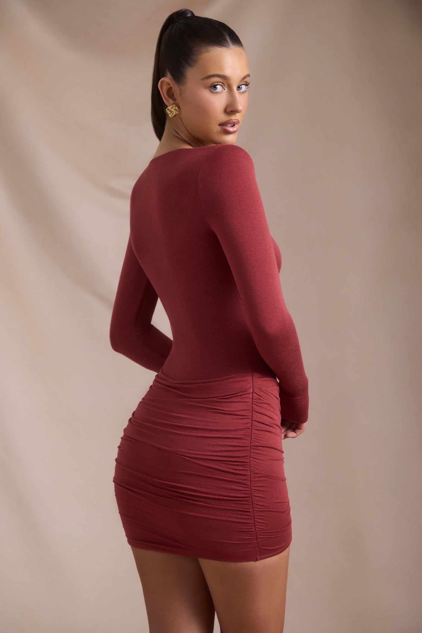 Modal-Cashmere Blend Draped Long-Sleeve Mini Dress in Brick Red