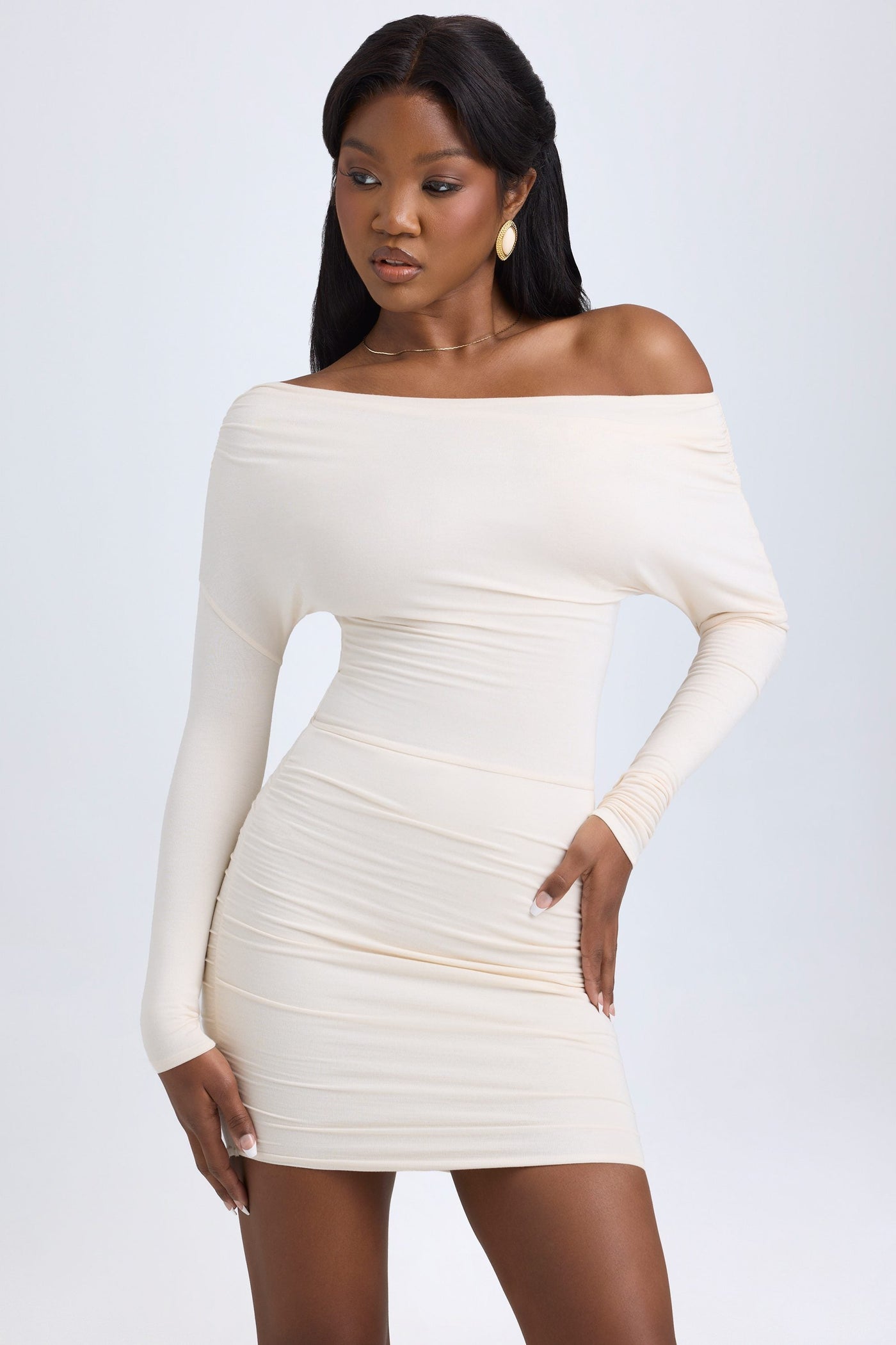 Modal Off-Shoulder Ruched Mini Dress in Ivory