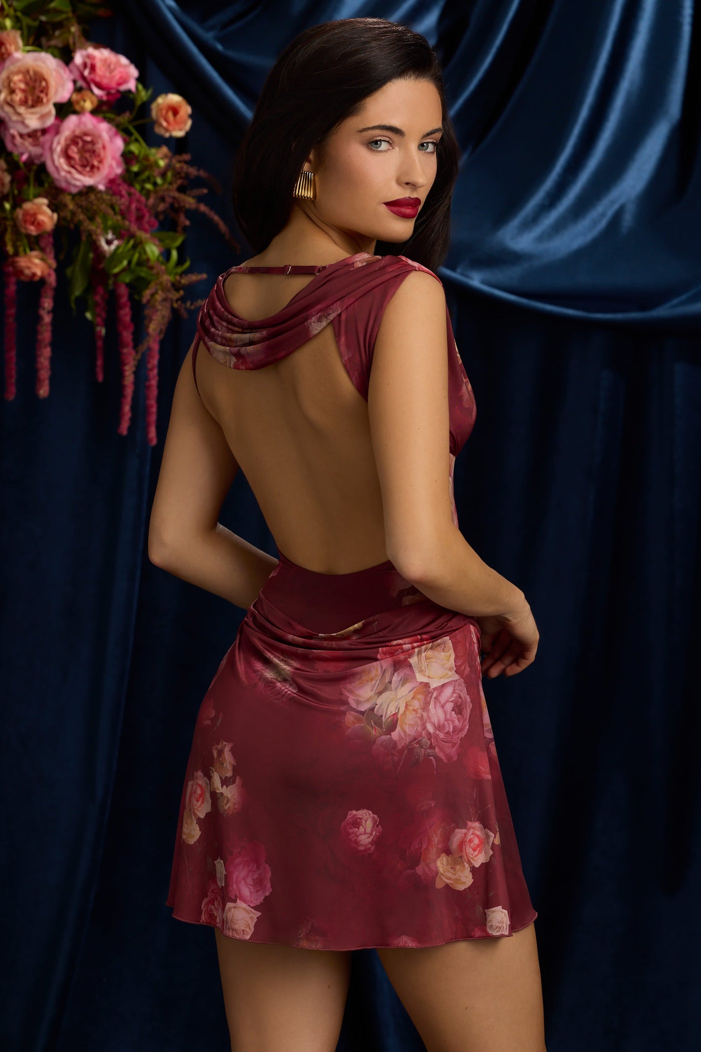 Draped Open-Back A-Line Mini Dress in Maroon Floral Print