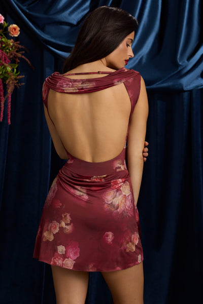 Draped Open-Back A-Line Mini Dress in Maroon Floral Print