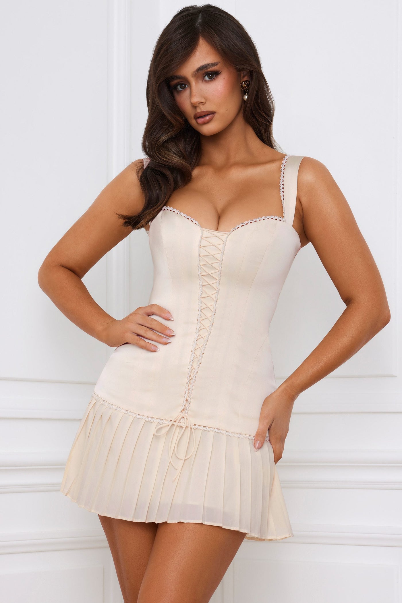 Bow-Detail Lace-Up Corset Mini Dress in Ivory