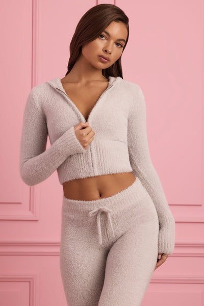 Fluffy Knit Zip-Up Hoodie in Cloud Grey