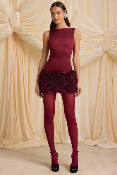 Appliqué Open-Back Mini Dress in Wine Red