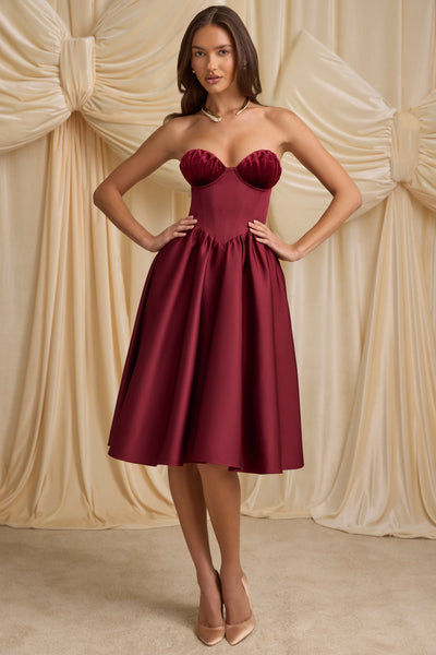 Strapless Corset Midi Dress in Wine Red