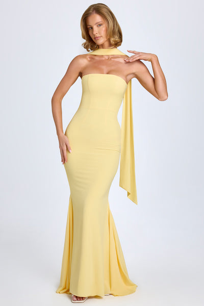 Scarf-Detail Strapless Gown in Pastel Yellow