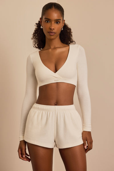 Brushed Jersey Wrap Crop Top in Ecru